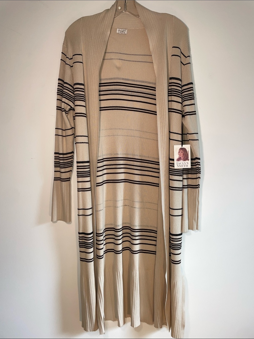 NWT - Jaclyn Smith Long Beige Striped Open Cardigan